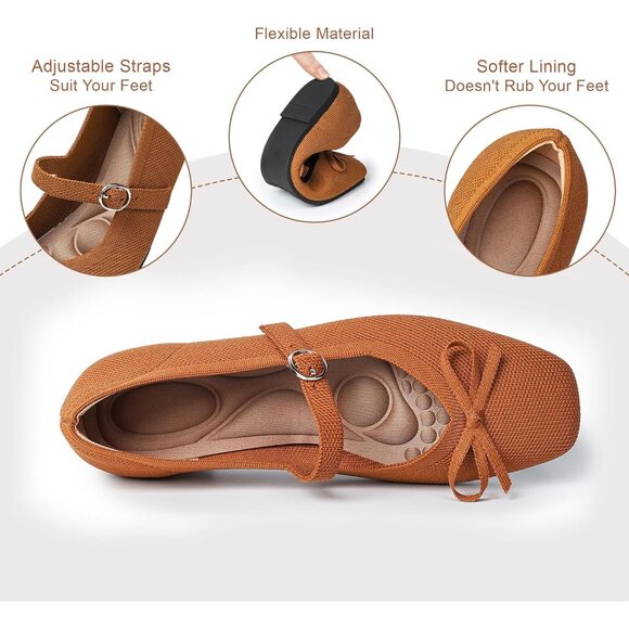 Women Brown Fabric Upper And Rubber Sole Casual Ballet Flats With Ankle Strap - Picture 3 of 6